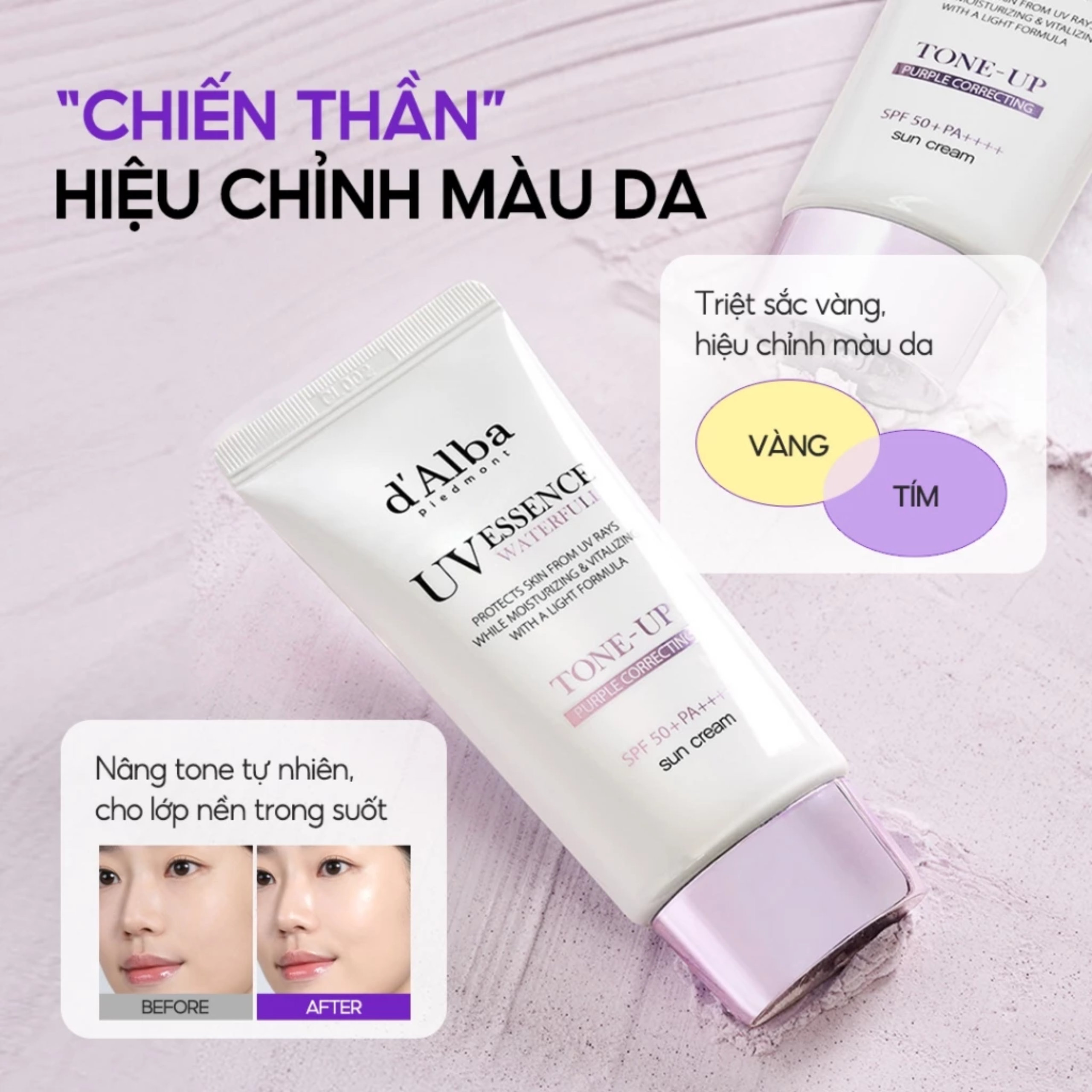 Kem chống nắng d'Alba Waterfull Tone Up Purple Correcting Sun Cream SPF50+ PA++++ 50ml - Ảnh 2