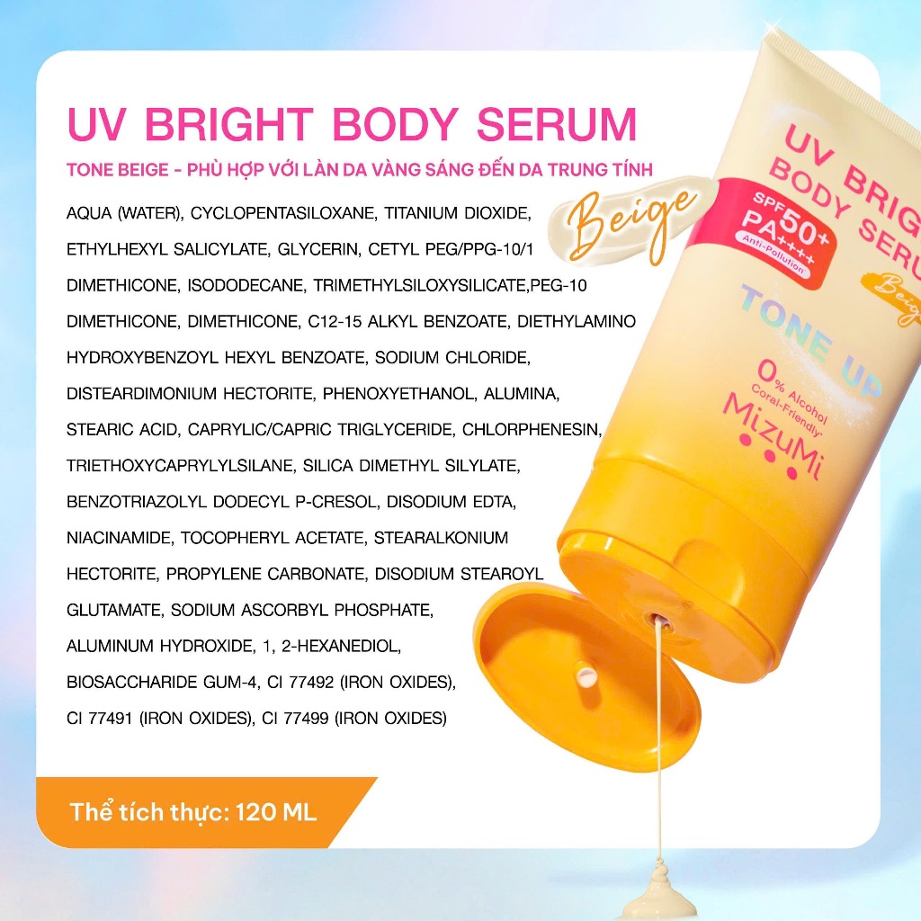 Dưỡng thể chống nắng MizuMi UV Bright Body Serum SPF50+ PA++++ 120ml (Beige) - Ảnh 3